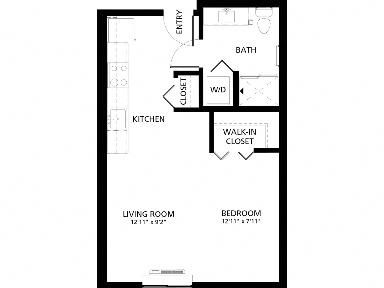 Floor plan for studio, 1 bath, 492 sqft